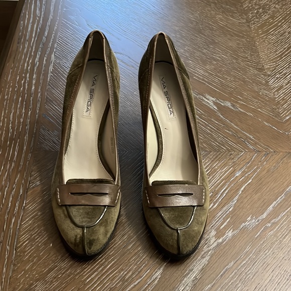 Via Spiga olive green suede penny loafer with green leather trim heel 9M - Picture 7 of 17